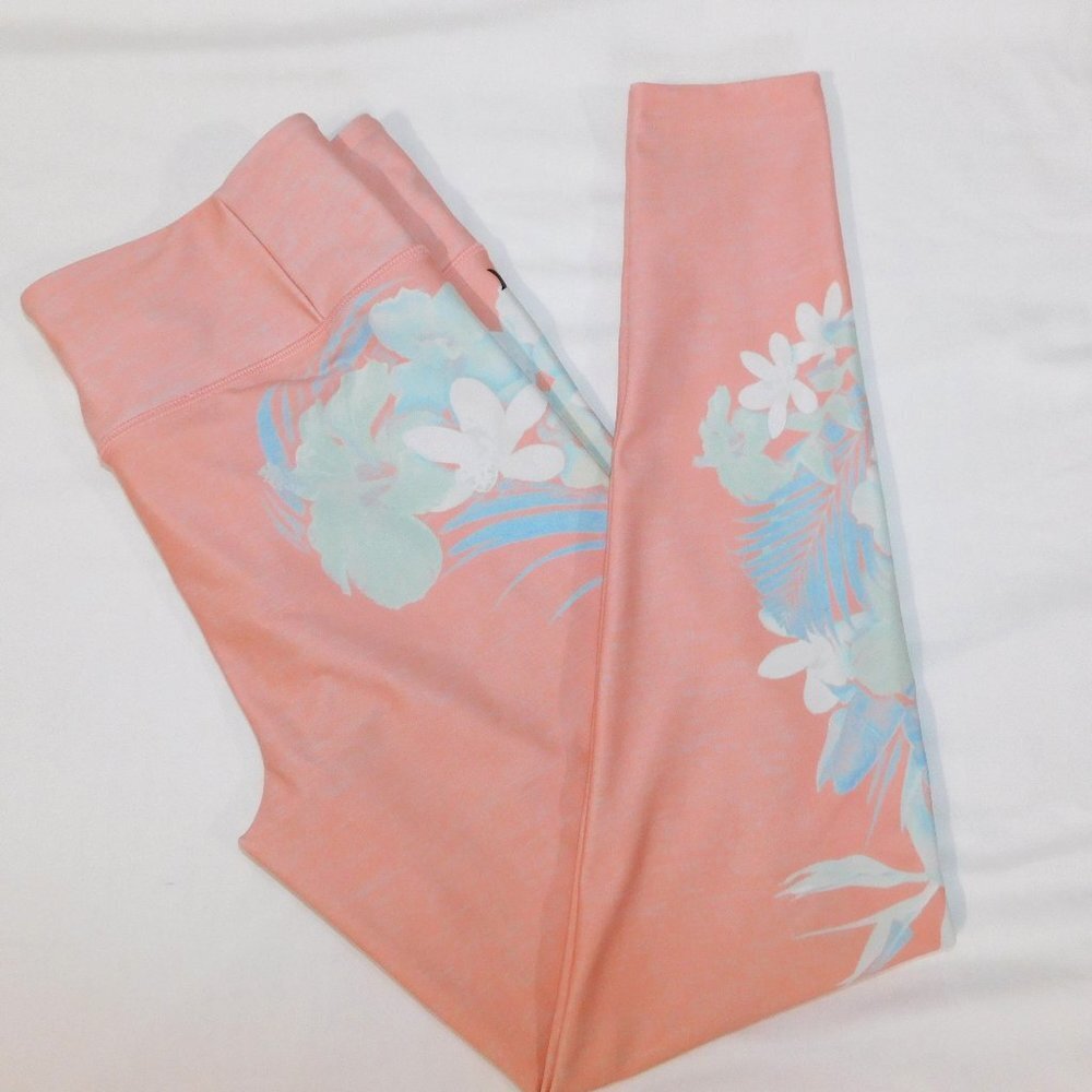 Hurley Womens M Pink Peach Blue Tropical Floral UPF 50+ Athletic Leggings